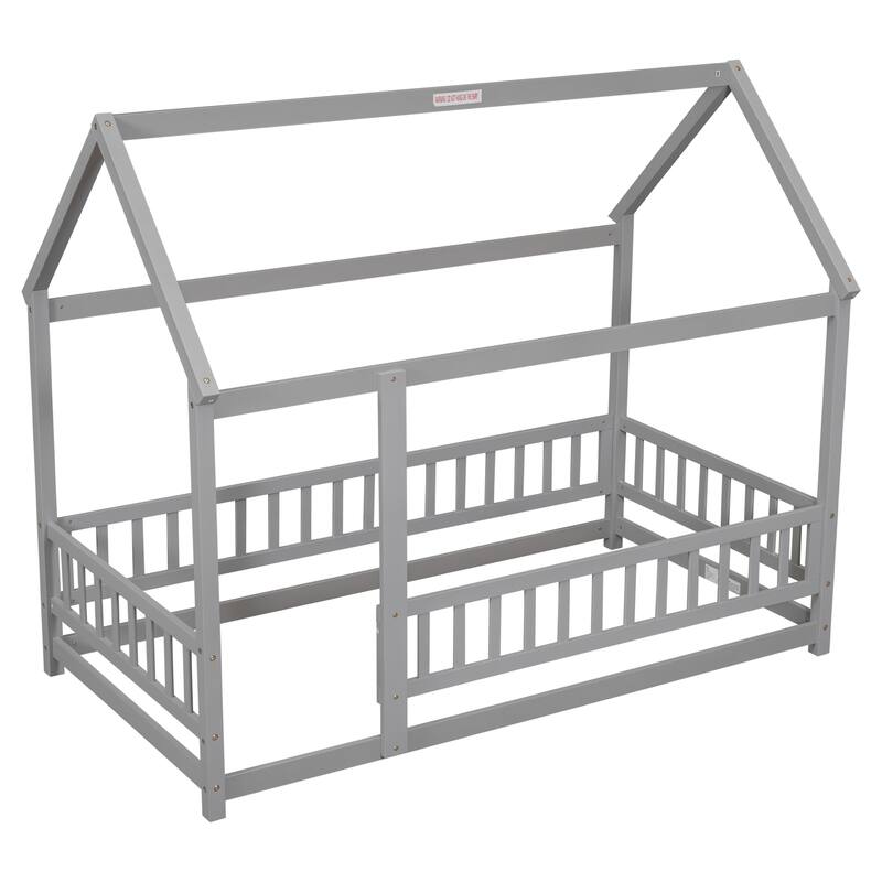 Floor Wooden Bed with House Roof Frame, Fence Guardrails