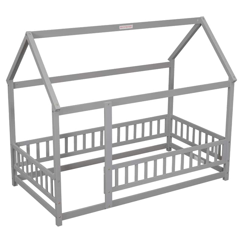 Twin Size Wooden Floor Bed with House Roof Frame, Fence Guardrails for Kids, Bedroom