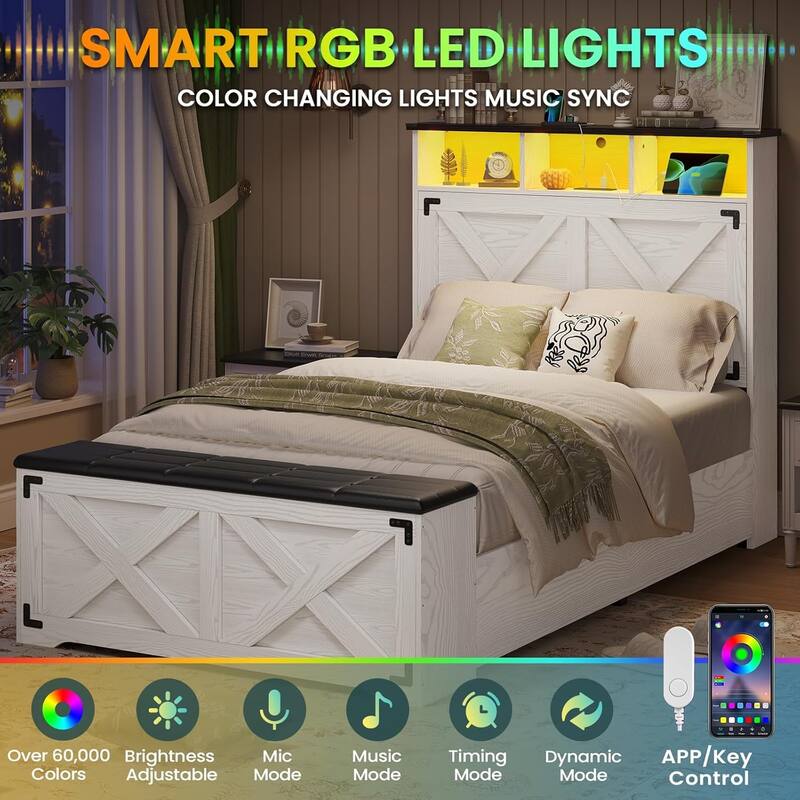Bed Frame with Storage Ottoman Charging Station and Led Light