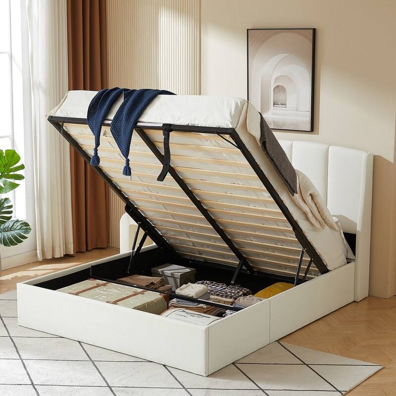 Linen Wingback Hydraulic Lift Up Storage Upholstered Platform Bed