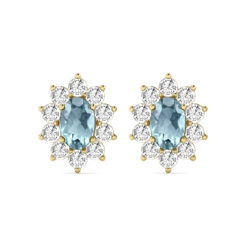 Marquee Oval Shape Aquamarine and Diamond Flower Earrings in 14K Yellow Gold