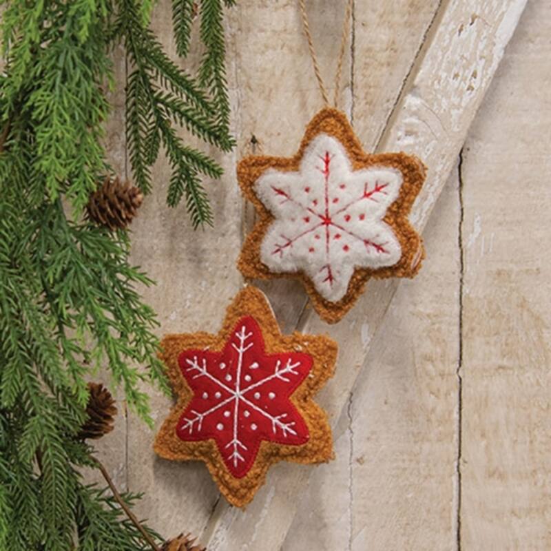 Red Brown White Fuzzy Snowflake Gingerbread Ornament with Jute Hanger, 2 Asstd - 4.75 x 0.75 x 4.75 in.
