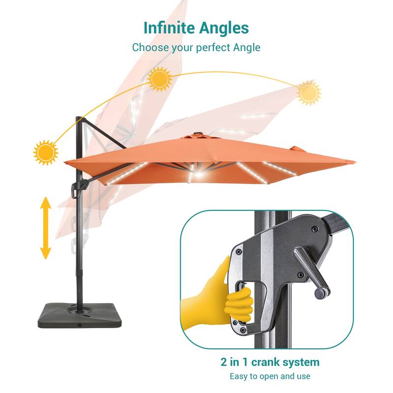 BONOSUKI 10x10FT LED Cantilever Patio Umbrella Angle Adjustment w/Base