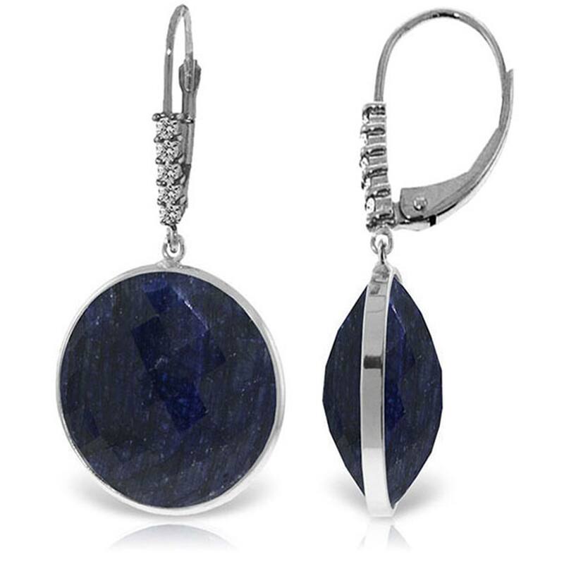 14K Solid Gold Diamonds Leverback Earrings w/ Round Dyed Sapphires - White