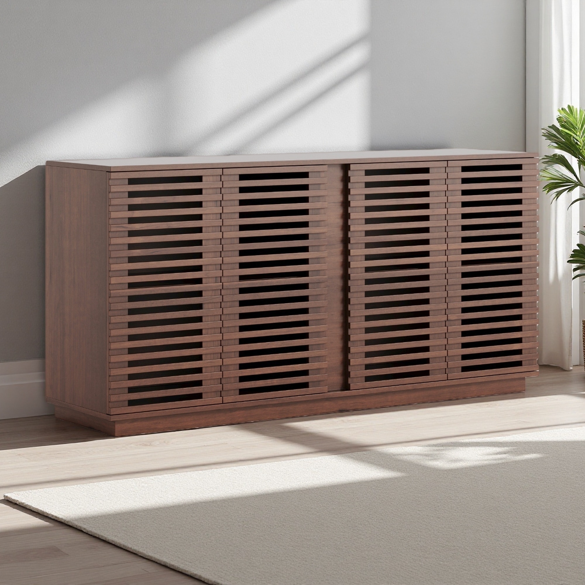59.9" Solid Wood Slatted Door Buffet with Adjustable Shelves