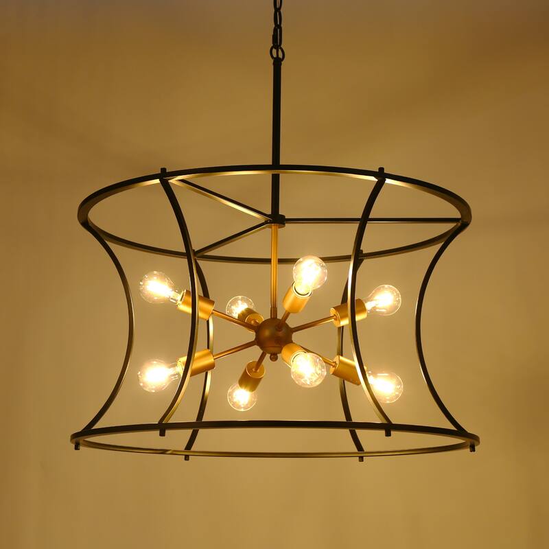 Modern 8-Light 29.5"D Chandelier Black Gold Drum-Shaped Large Pendant for Dining Room - Drum