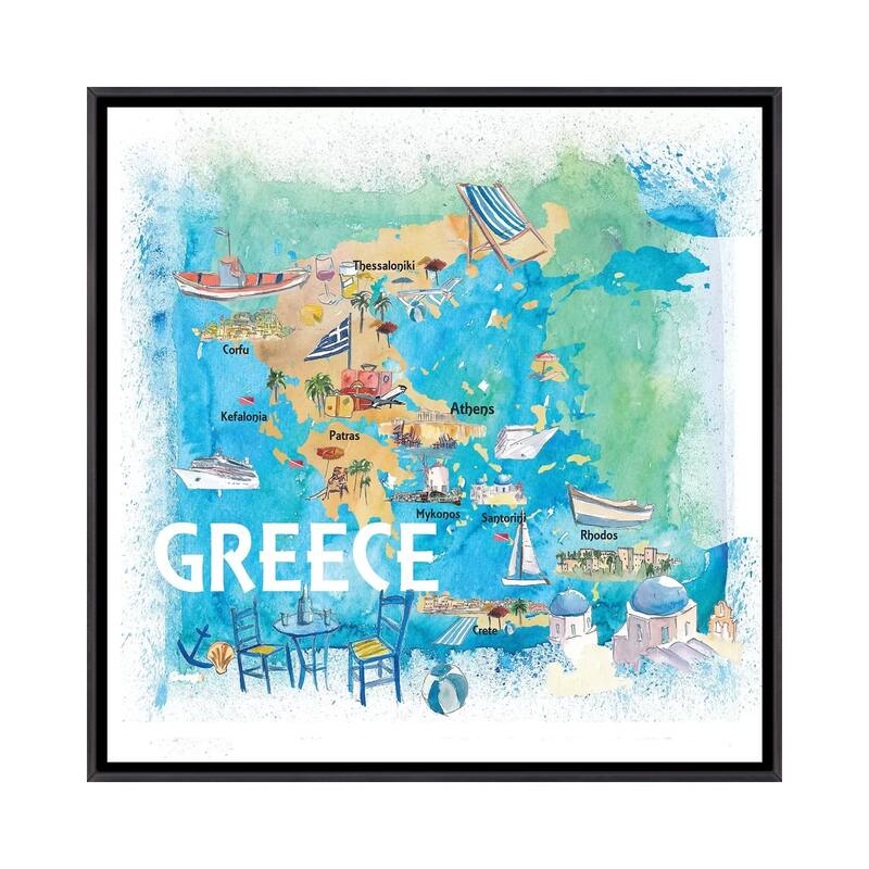 iCanvas "Greece Illustrated Travel Map With Landmarks And Highlights" by Markus & Martina Bleichner Framed - Ebony - 12x12