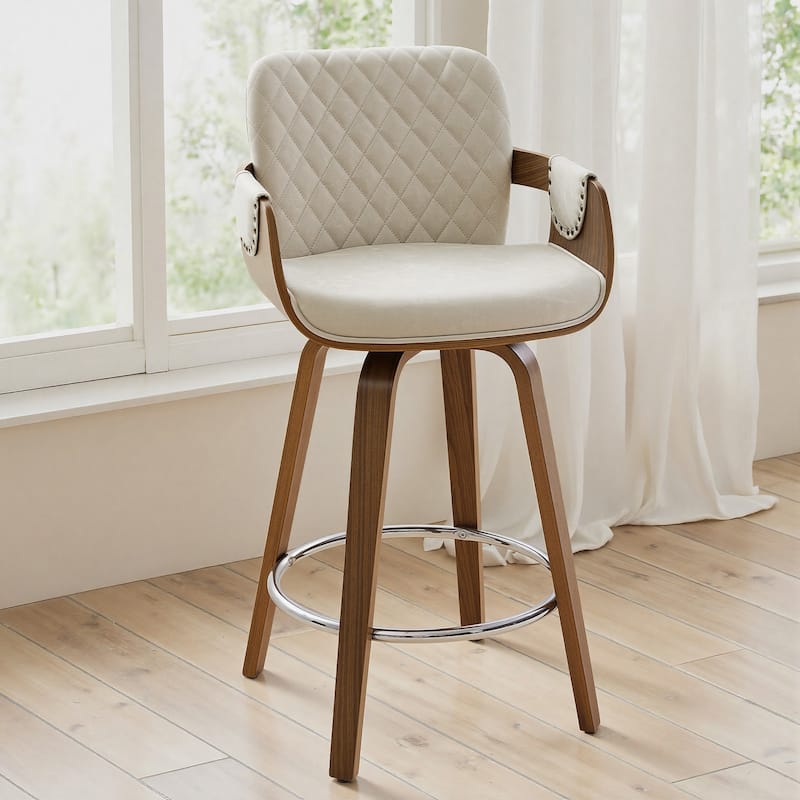 26-Inch Upholstered Swivel Counter Height Bar Stool with Armrests - 36.6"H x19.5"W x 21.3"D - Set of 4 - Griege