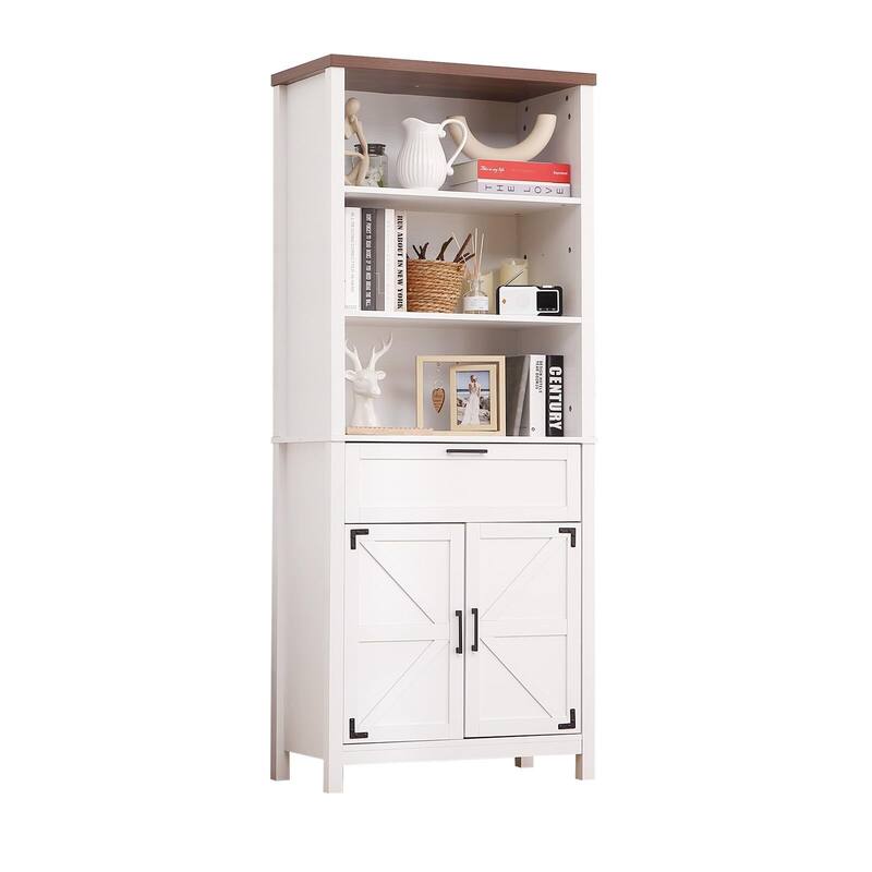 72 Inch Bookshelf Bookcase with Doors, 6-Tier Farmhouse Bookshelf with Cabinet and Drawer