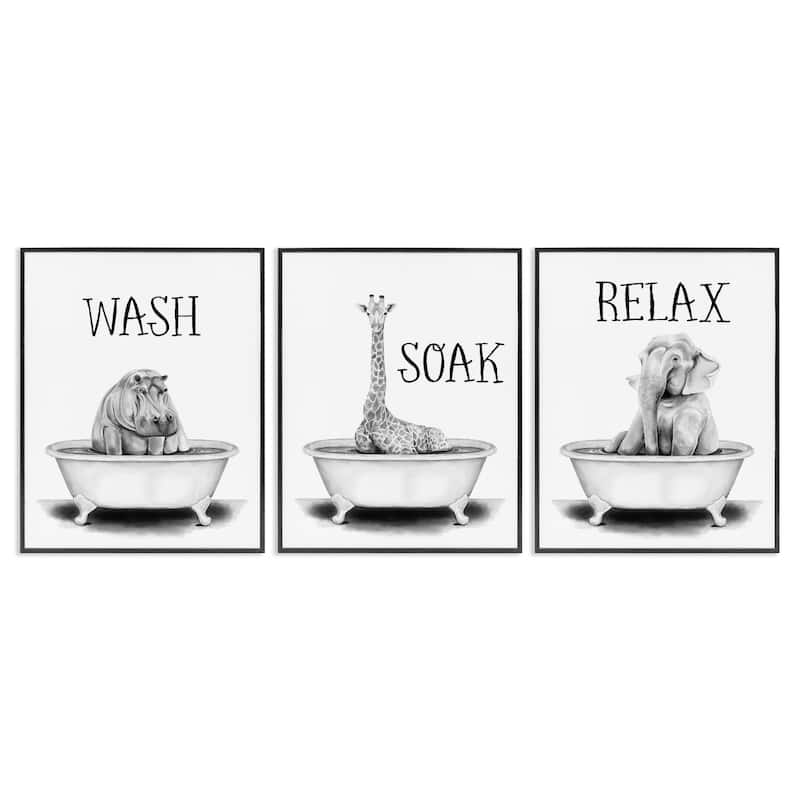 Stupell Wash Soak And Relax Jungle Animal Bath Tub, 3pc Multi Piece Framed Wall Art Set, 3pc Set - 24 x 30 - Black
