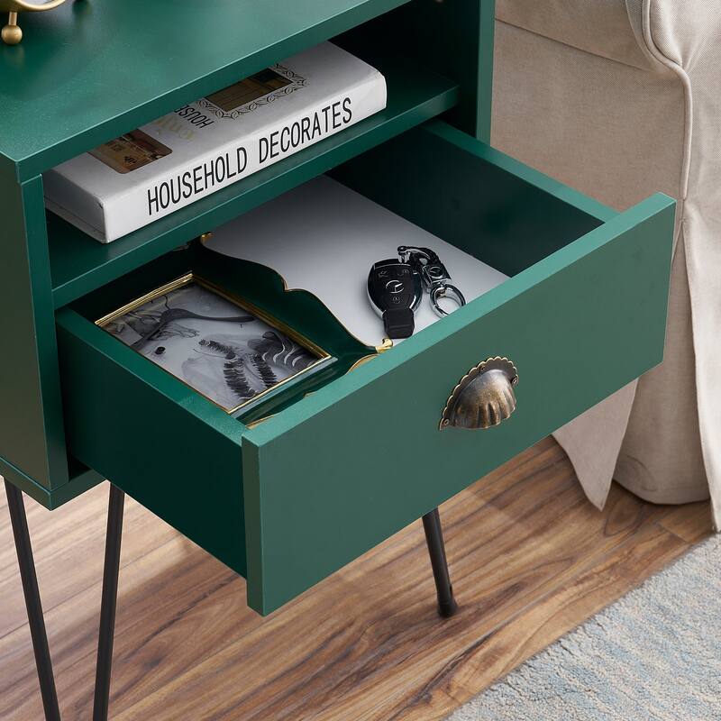 VECELO Mid Century Modern Nightstand with Drawer Open Shelf V-Shaped Metal Legs End Table for Bedroom Living Room