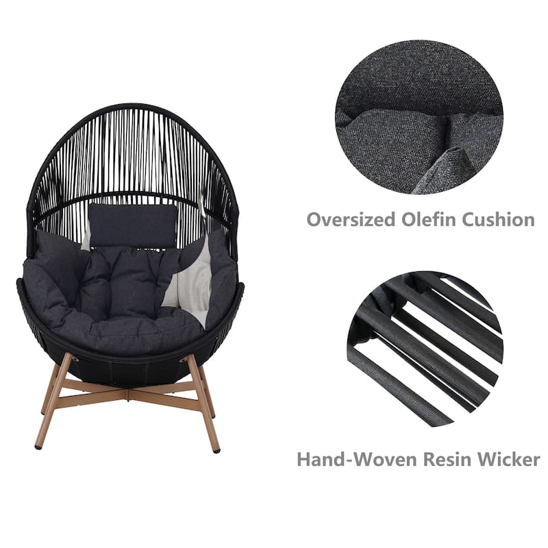 Outdoor Egg Chair, Oversized PE Wicker Lounger Chair with Cushion for Backyard Back Porch, Dark Grey