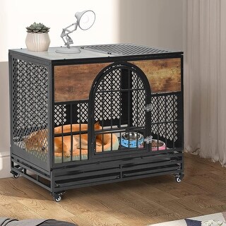 View of 36in Heavy Duty Dog Crate with Lockable Wheels and Removable Tray - Bed ...