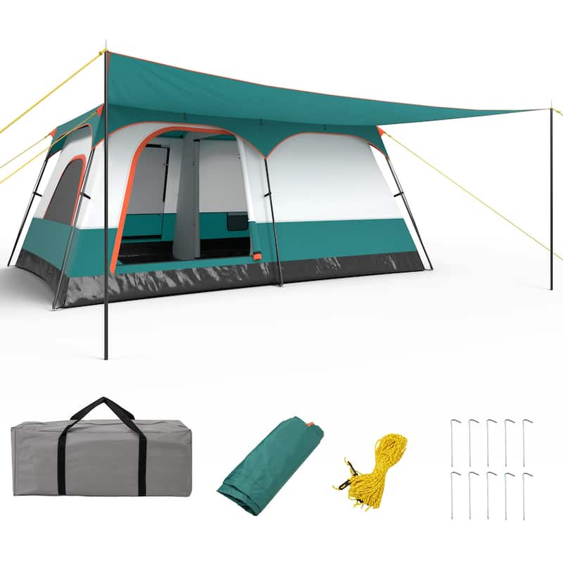 Gymax 10-Person Camping Tent with Porch Large Family Cabin Tent w/ 2 - Green - Canopy Tent