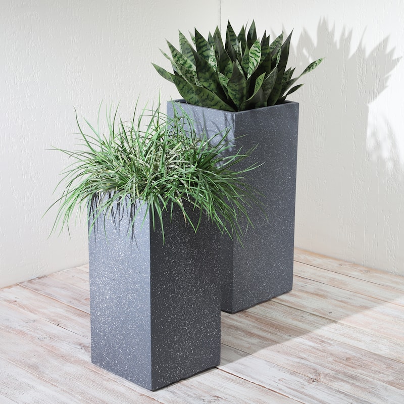 Dark Gray Resin Square Nested Planters, Set of Two, 11"Lx11"W 22"H/13"Lx11"W28"H, Stylish Indoor and Outdoor Plant Pots, - 13" x 13" x 28" - Gray