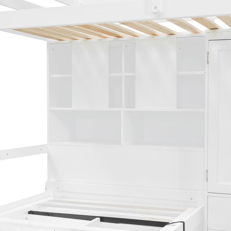 White Twin Bunk Bed with Drawers, Wardrobe, Storage Shelves, and Hydraulic Lift