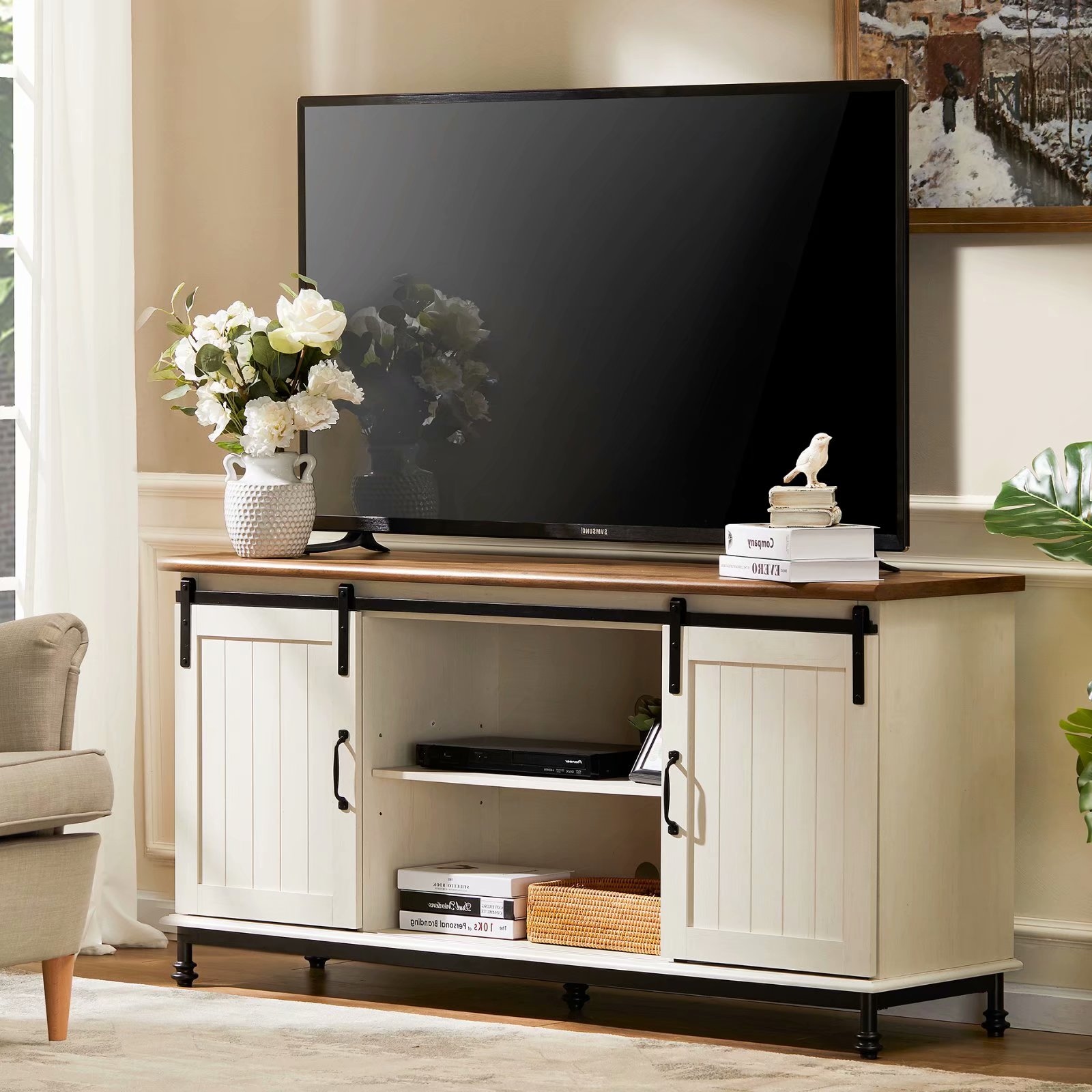 Rustic white tv stand discount with barn doors