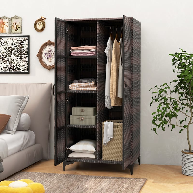 Gymax 62'' Wicker Wardrobe w/ 2 Doors Hanging Rod & 4 Storage Cubes