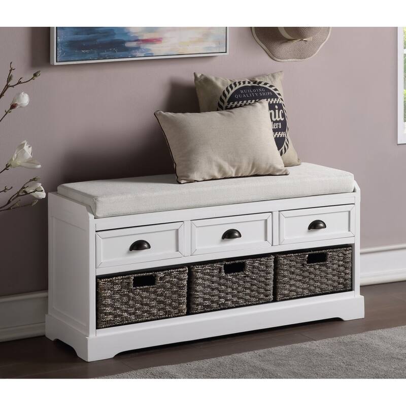 44 in. W Collection Wood Storage Bench with 3 Drawers and 3 Baskets - White+Beige