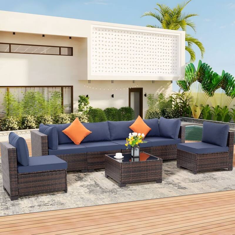 7-Piece Wicker Patio Conversation Set with Cushions,6 Sofas, 1 Table - Brown/Blue