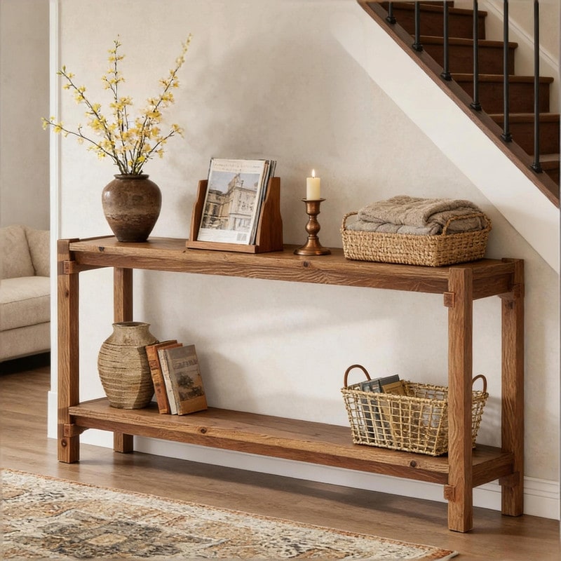 63" Solid Wood Rustic Console Table with Dual Shelves and Sturdy Legs