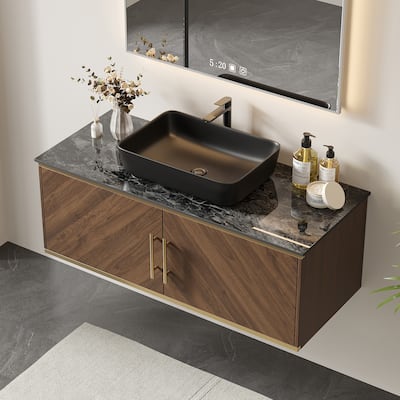 47.24" Modern Bathroom Vanities With Black Glossy Sintered Stone Table Top, Brown Wood Floating Cabinets