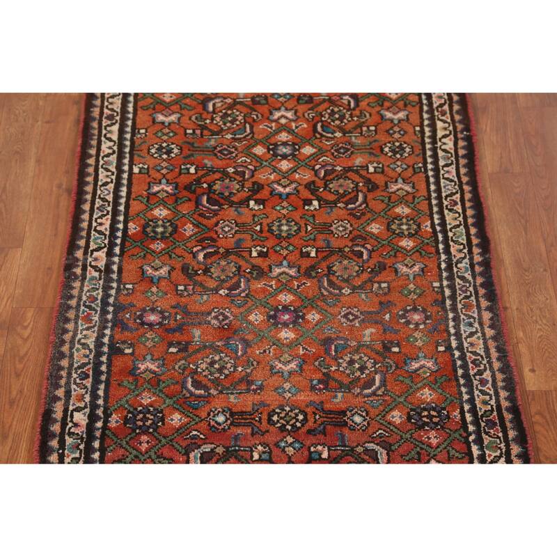 Hand Knotted Oriental 100% Wool Carpet Traditional All-Over Oranges & Rust Hamedan Runner Rug - 8' 2'' X 2' 8''