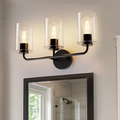YANSUN 3-Light Black Vanity Light with Clear Cylindrical Glass Shades, Modern E26 Wall Sconce for Bathroom or Hallway