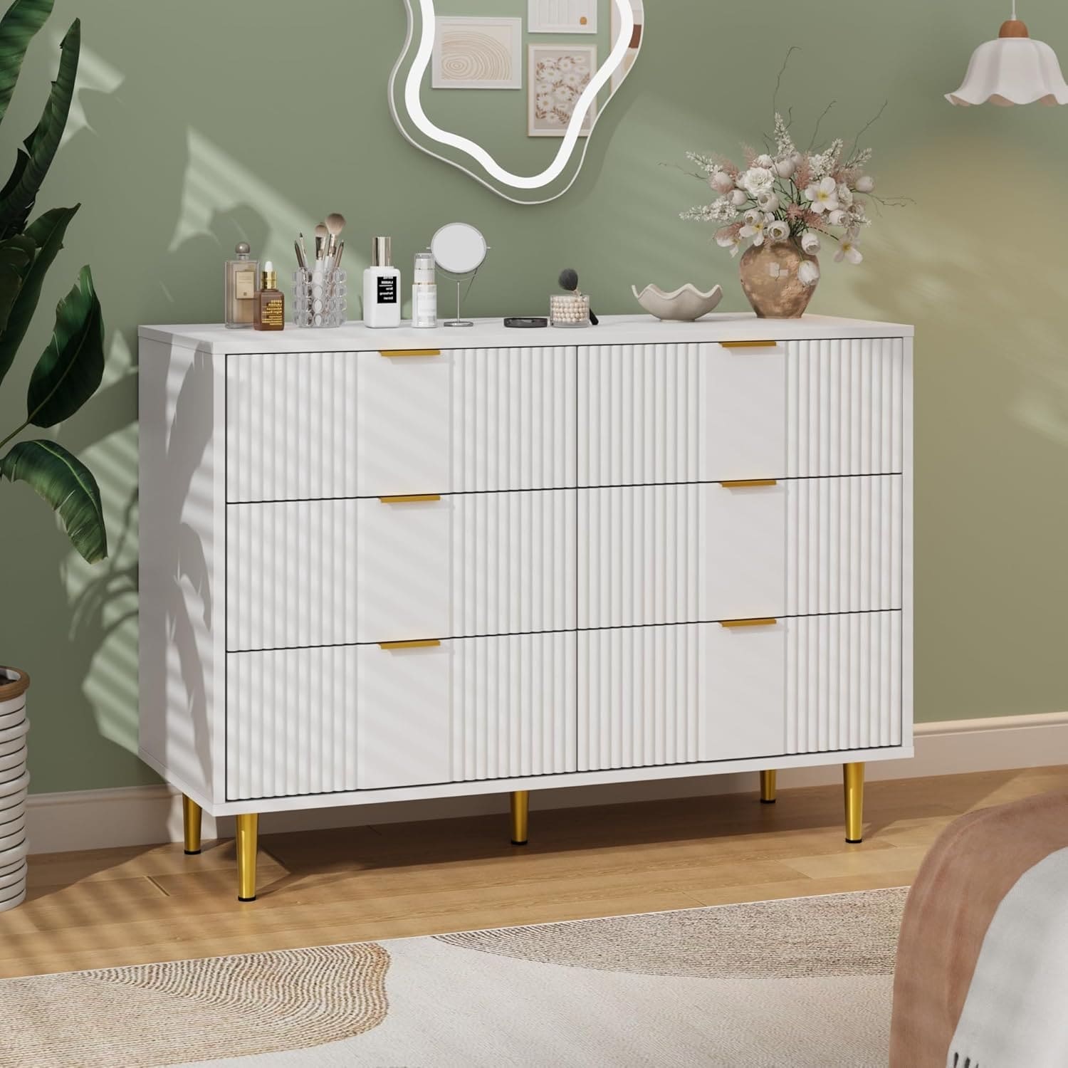Fluted Dresser, Modern Chest of Drawers with Metal Handle, Wooden Closet Clothes Storage Organizer