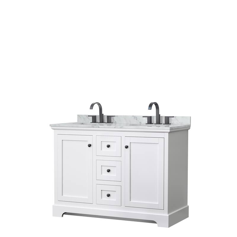 Avery 48-Inch Double Vanity Set with Oval Sinks, No Mirror - White, Black Trim, White Carrara Marble Top