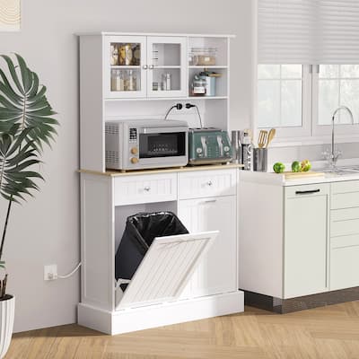 HOMCOM 68" Kitchen Pantry Cabinet with Charging Station, 2 Tilt Out Trash Cabinets and Microwave Stand