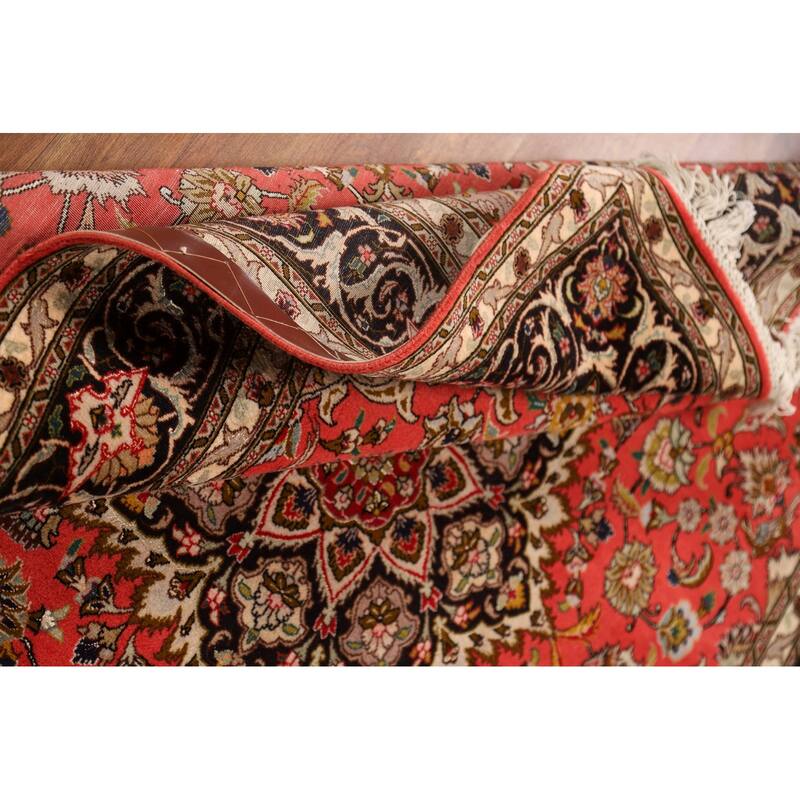 Hand-Knotted Red Floral Wool & Silk Tabriz Persian Rug - 5'1"x 6'9"