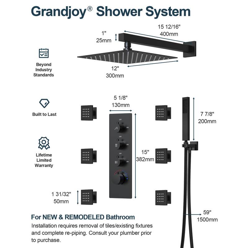 GRANDJOY Thermostatic Shower Faucet Set 12 inch Wall Mount Rainfall Shower Head with 6 Body Jets and Handheld Spray Combo