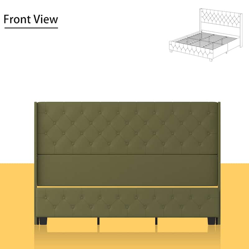 King Size Olive Green Leather Upholstered Platform Bed with Extra Tall 52.8" Tufted Wingback Headboard Bed Frame