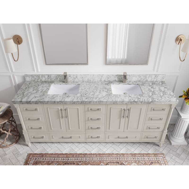 Willow Collections 84 in. W x 22 in. D Aberdeen Double Bowl Sink Bathroom Vanity with Countertop - 2" Carrara Marble - Fine Grain