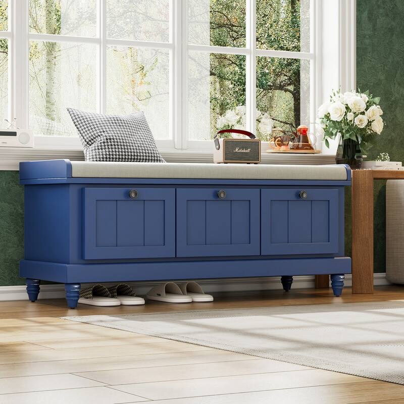 Classic Shoe Bench with Cushion and Three Drawers, Fluted Entryway Bench with Storage for Living Room
