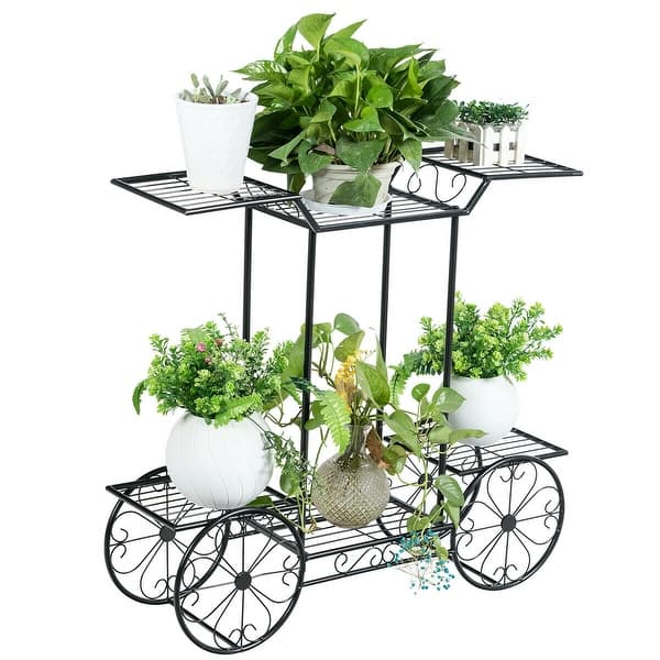Flower Pot Display Rack Black Metal 6-Tier Garden Cart Planter Stand
