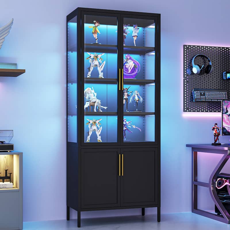 6-Tier Tempered Glass Curio Display Cabinet with 4 Doors, Adjustable Shelves, 13 Color Lights
