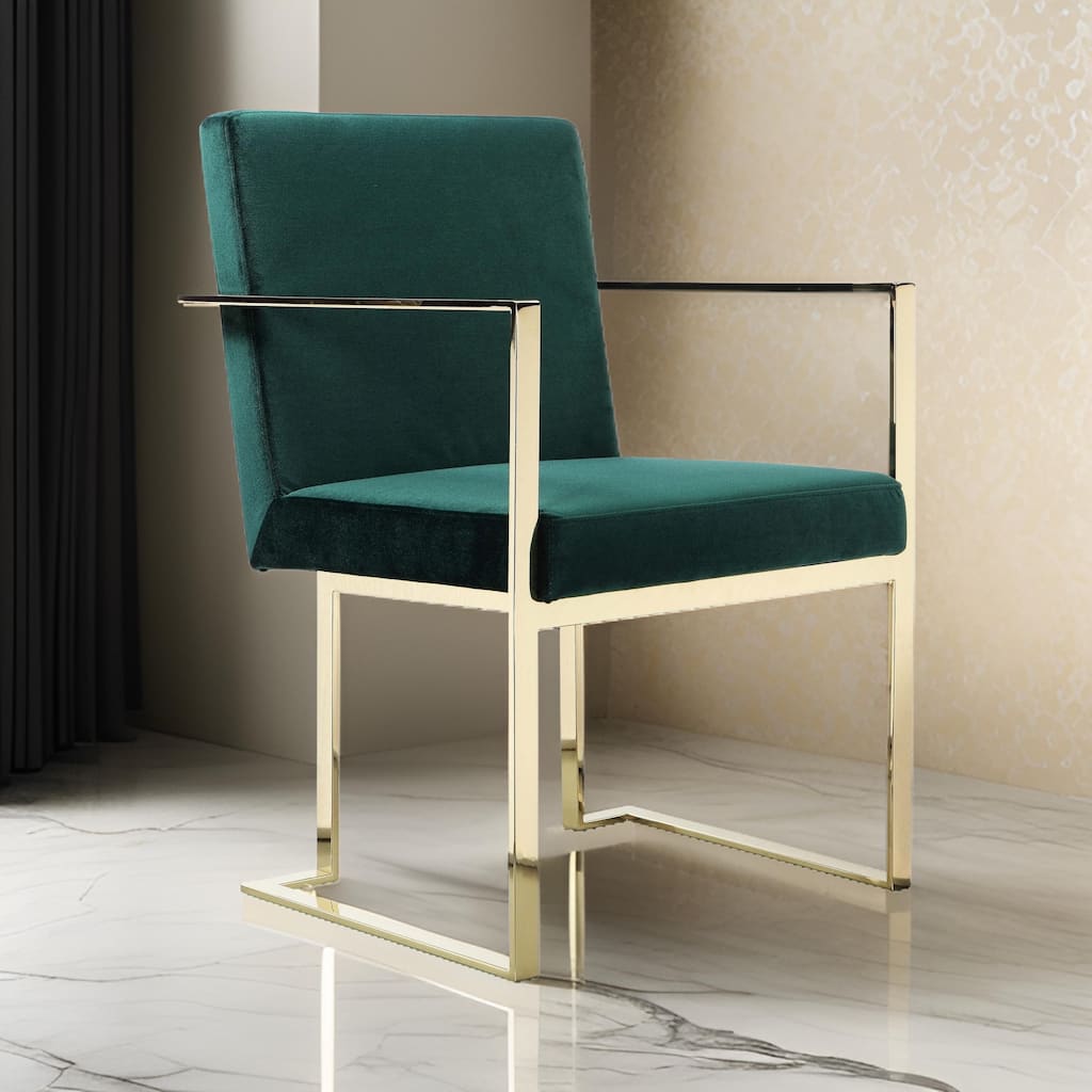 Boly 24 Inch Dining Armchair, Cushioned Green Velvet Seat, Gold Cantilever