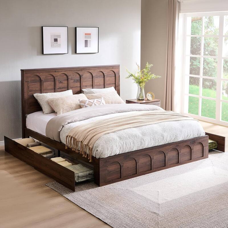 Modern King Size Bed Frame, 52" Tall Arched Recessed Headboard
