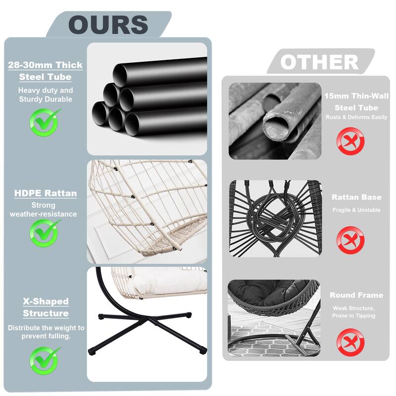 Outdoor Egg Hanging Chair, Swing Chair with Stand & Aluminum-Steel Frame, Patio Rattan Wicker Hanging Swing Egg Chair