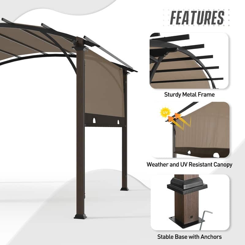EAGLE PEAK 11.4x11.4 Outdoor Pergola with Retractable Textilene Sun Shade Top, Wood Looking Steel Frame Arch Patio Pergola