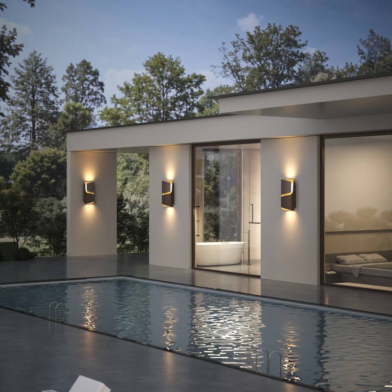 2-Pack Modern LED Outdoor Wall Sconce, 3CCT, IP44 Waterproof - 6.3'' W × 2.8'' D × 12'' H