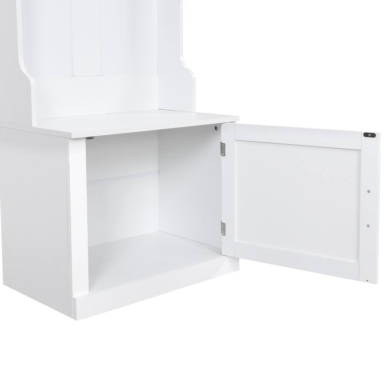 Roomfitters Minimalist Slim Hall Tree with Cabinet, Modern Storage Bench with Coat Rack and 6 Hooks for Mudroom