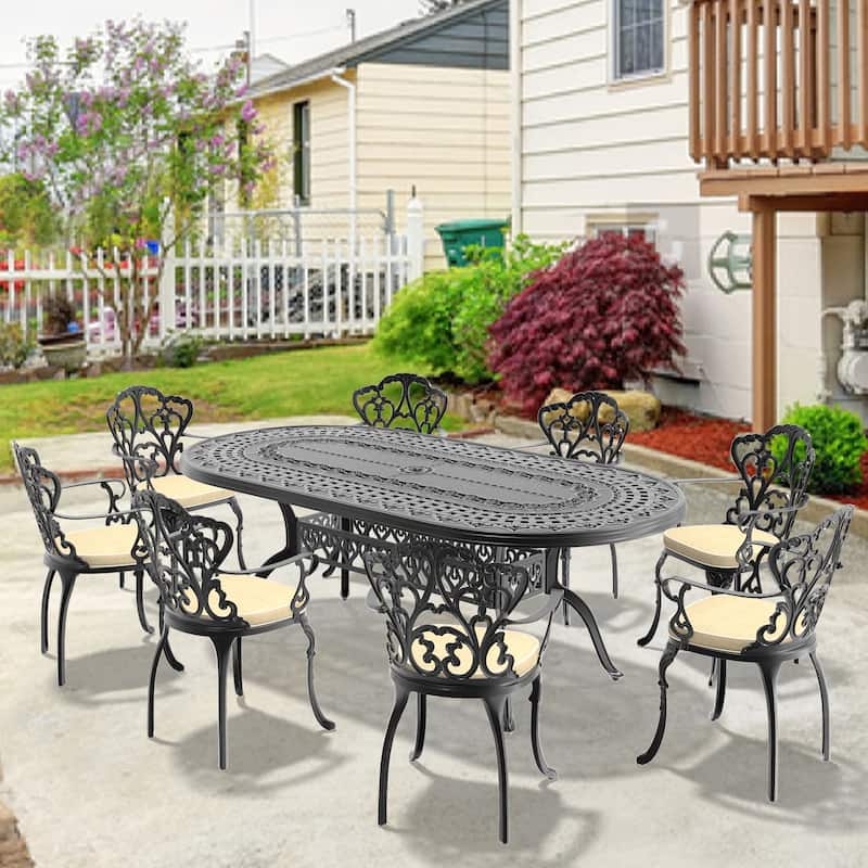 7/9-Piece Cast Aluminum Outdoor Dining Set with 82.87'' L X 42.13'' W Oval Table and Random Color Seat Cushions - Black( 9-Piece Sets-C)
