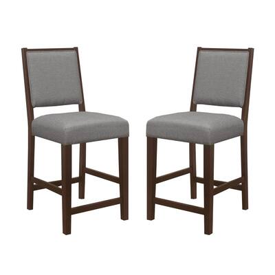 Set of 2 Upholstered Wooden Counter Height Stool in Grey and Espresso