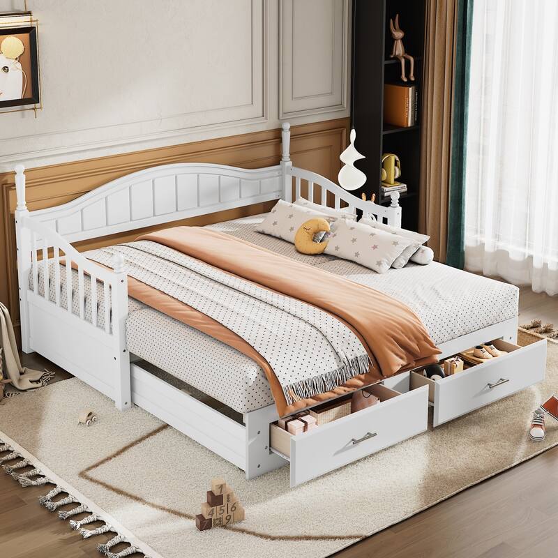 Wooden Twin Size Daybed with Twin Size Trundle, Extendable Daybed with Two Storage Drawers