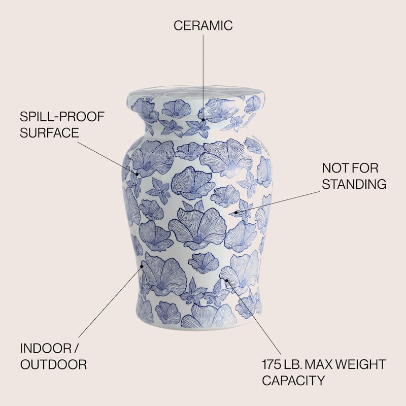Poppies 17.7" Ceramic Garden Stool, White/Blue by JONATHAN Y