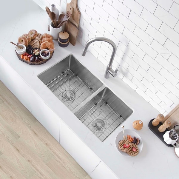 slide 2 of 21, STYLISH 33 inch Stainless Steel 16G Double Bowl Undermount Kitchen Sink - Brushed Stainless Steel - 33" x 18" x 10" Brushed Stainless Steel
