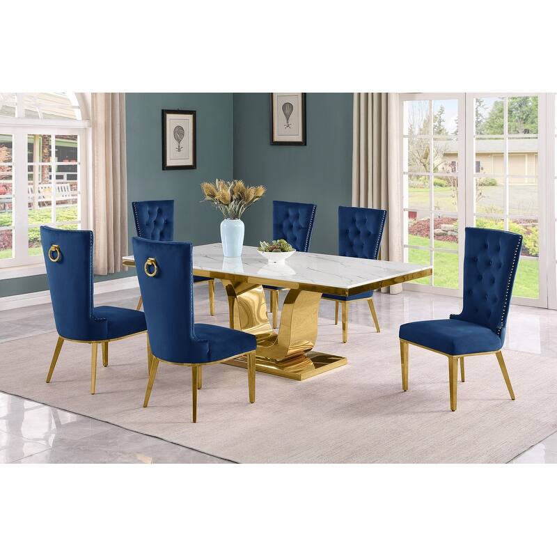 Best Quality Furniture D321-SC334-7 Dining Set with 78" White Marble Top